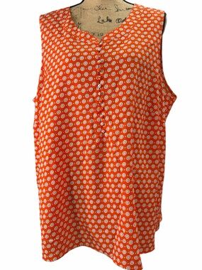 Rose & Olive Orange Blouse with Teal and White Motif. EC.  Size 2X